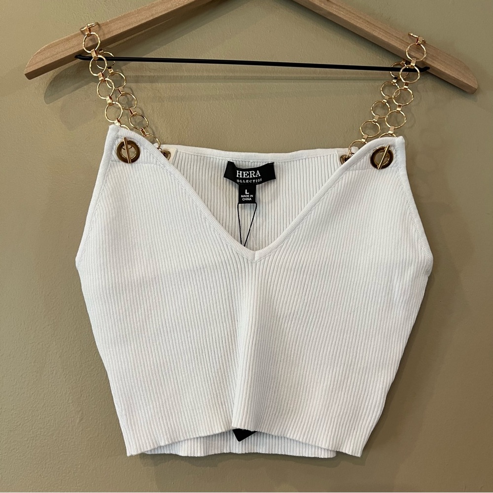 NWT Hera Collection Ribbed Crop Sweater Tank Gold Chain Straps Size S White